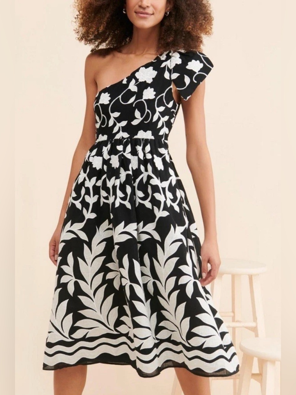 Anthropologie Maeve Embroidered One-Shoulder Midi Dress Black White 10 - Picture 5 of 14